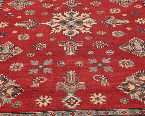 5x7 Red Kuba Afghan Hand Knotted Wool Area Rug